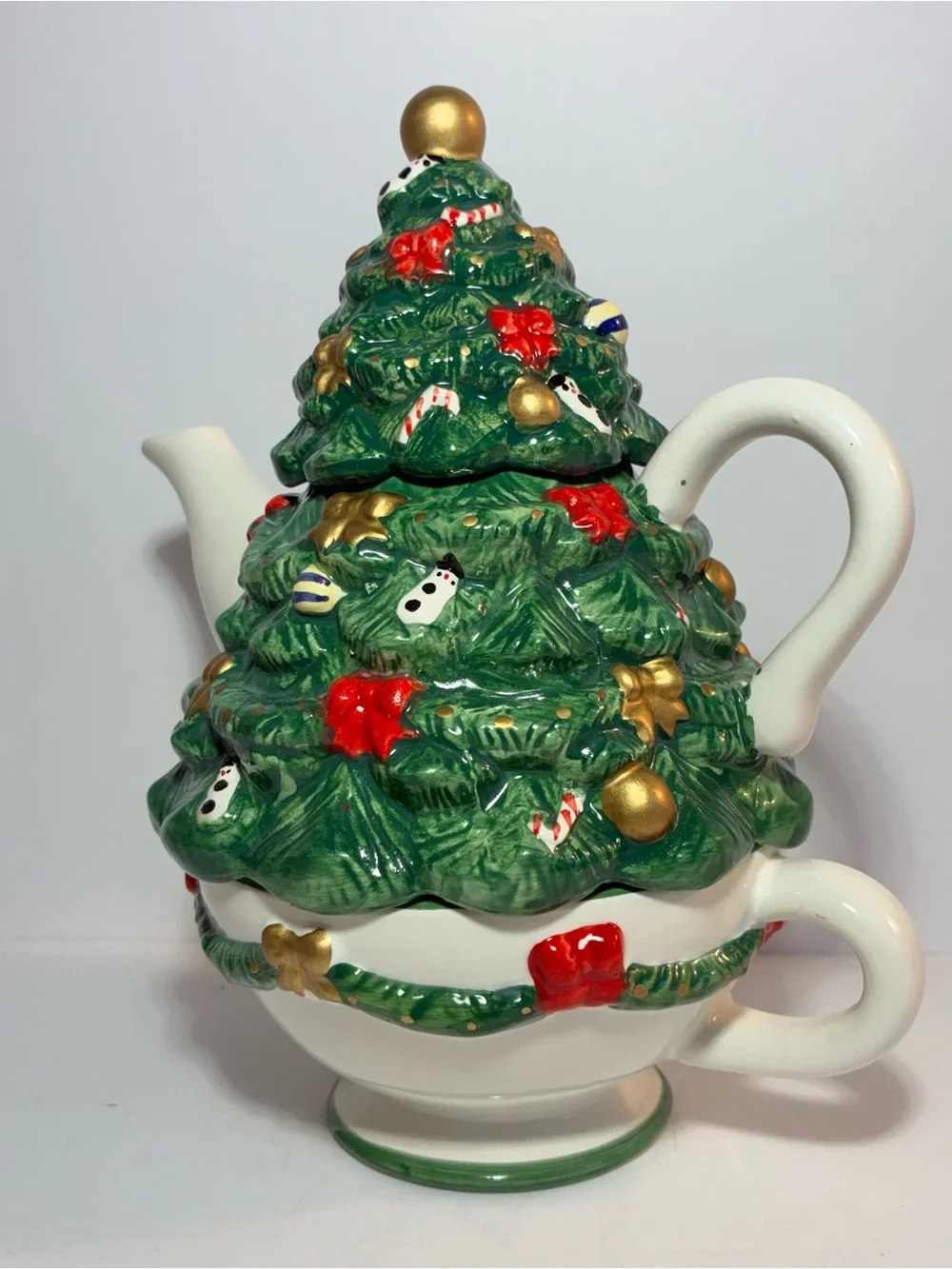 Vintage J.S.N.Y Christmas Tree Tea For One Set Hand Painted Ceramic Teapot Cup